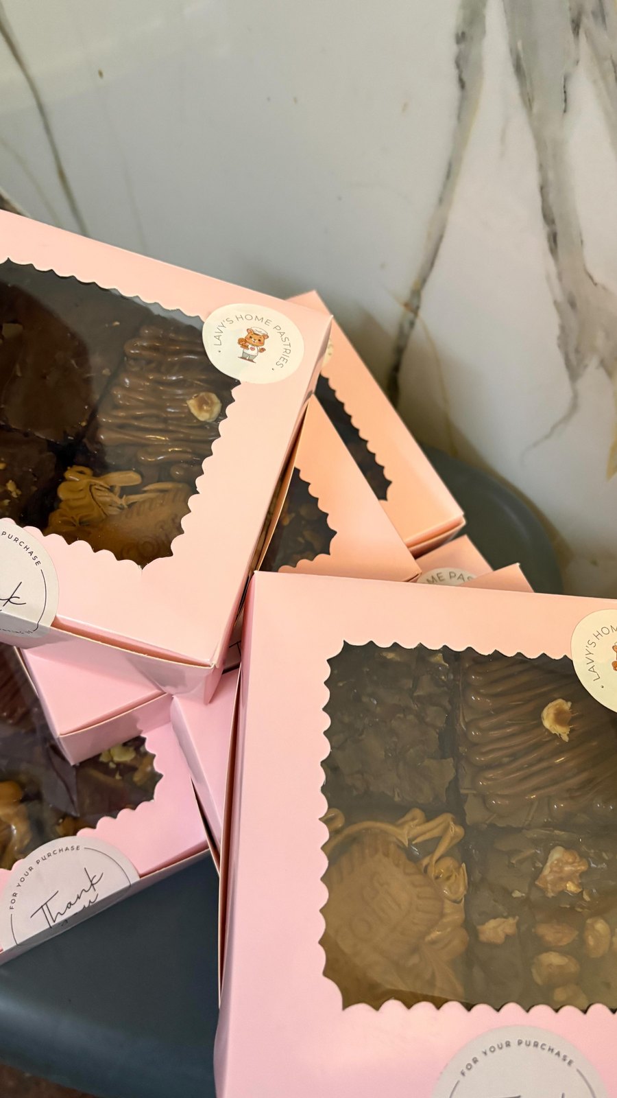 Pink brownie boxes packed for orders